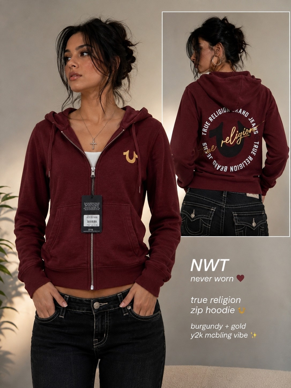 True Religion Women's Y2K Burgundy Zip Hoodie